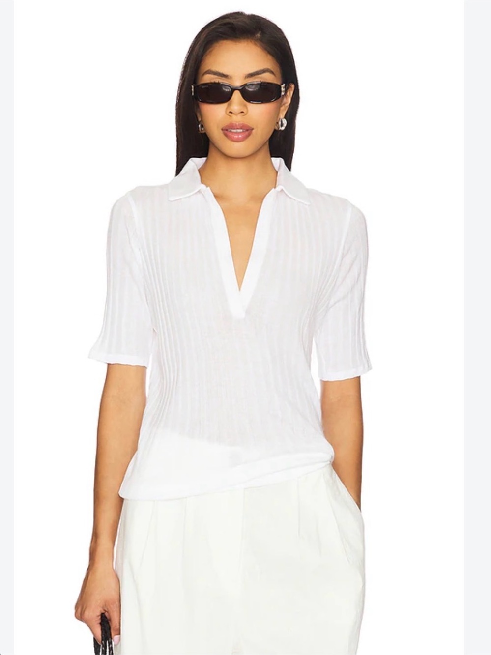 NEW Vince White Ribbed Elbow Sleeve Polo Top